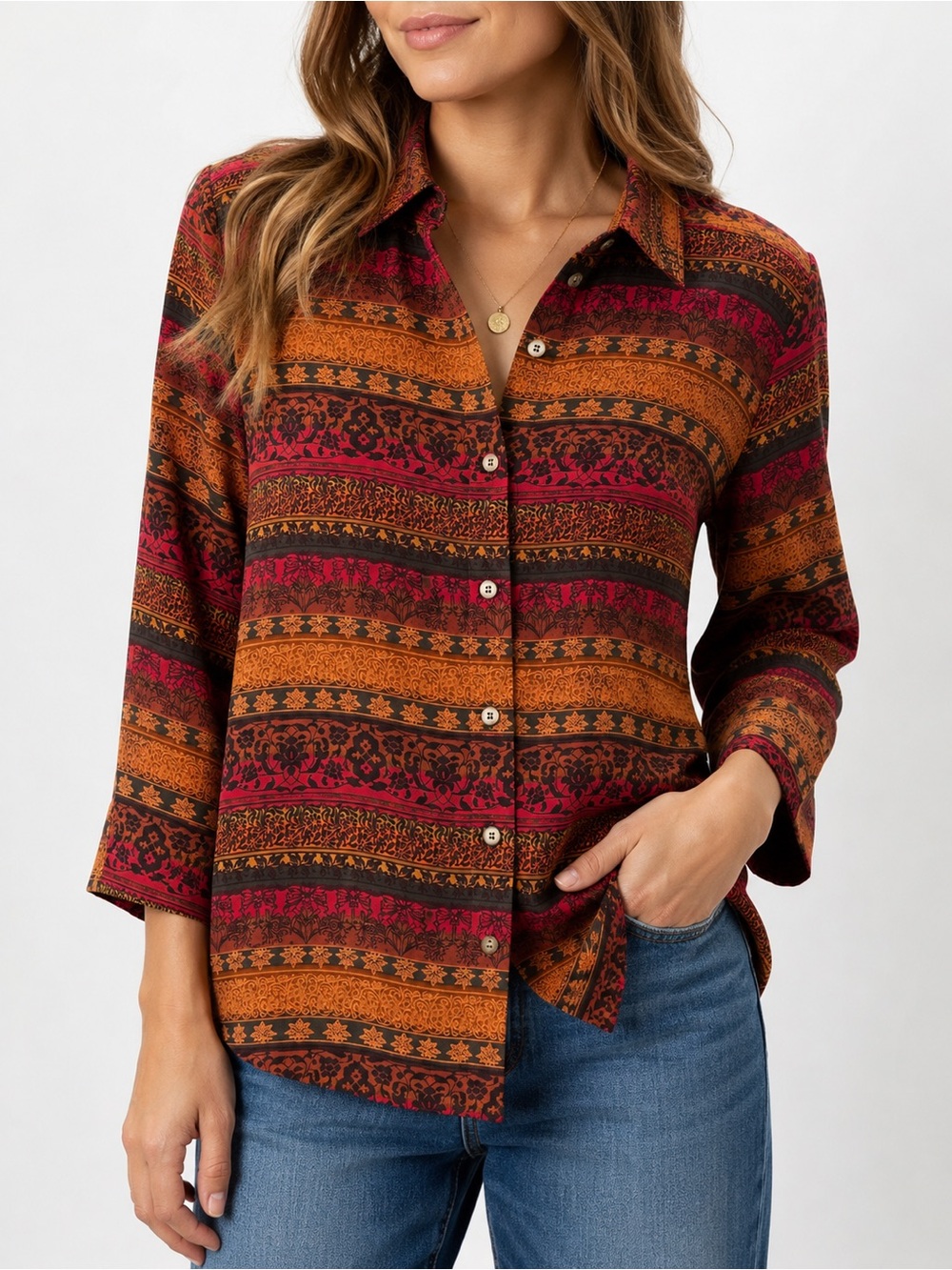 Boho Print Blouse M 3/4 Sleeve Fall Aesthetic Top French Laundry Brown Red